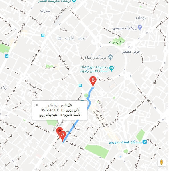 نقشه هتل فانوس دریا مشهد