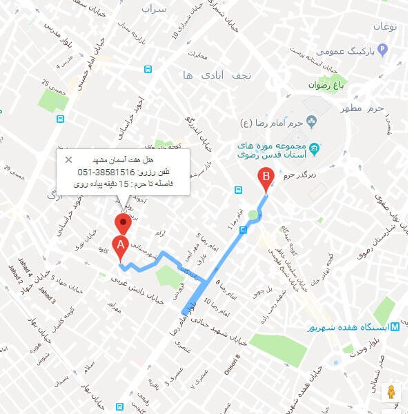 نقشه هتل هفت آسمان مشهد