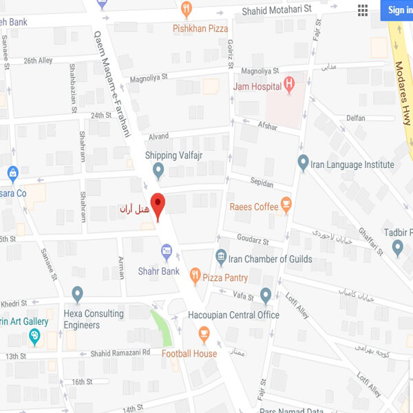 نقشه هتل آپارتمان آران تهران