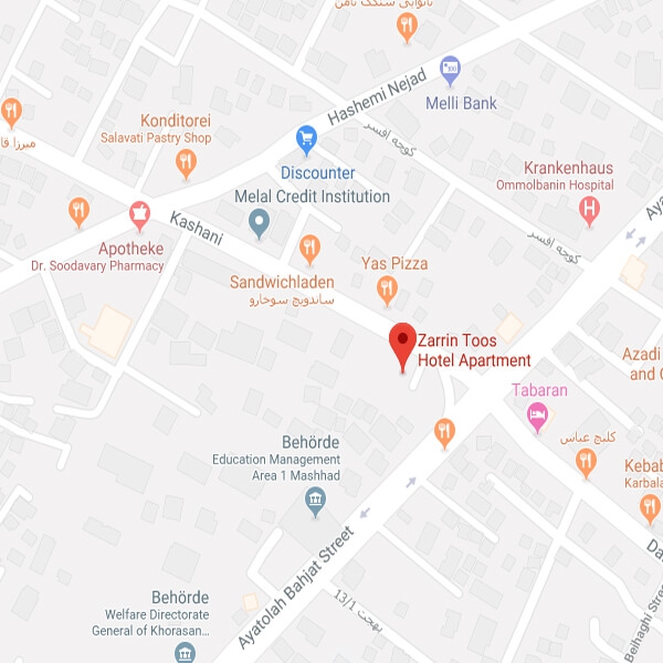 نقشه هتل آپارتمان زرین توس مشهد